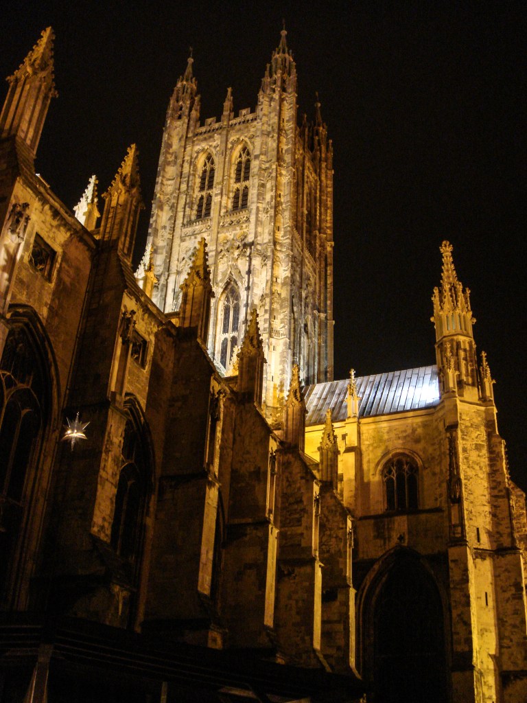 The brightly lit exterior of Canterbury Cathedral