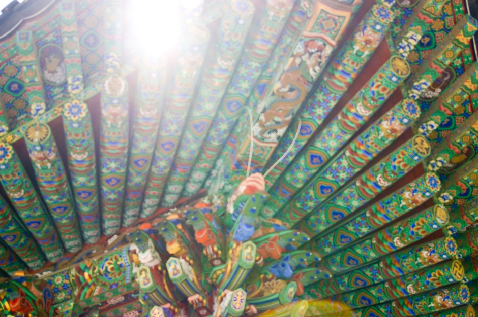 Sun shining through a Buddhist temple