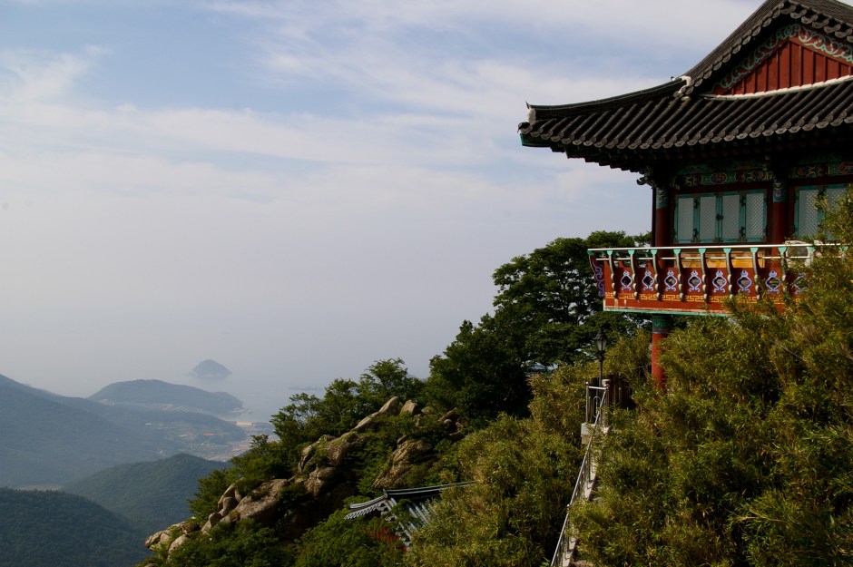 A Buddhist temple sits atop a mountain in the Southern part of South Korea