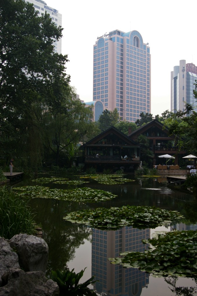 Peaceful Jing'an Park, nestled amongst the towering skyscrapers of Shanghai