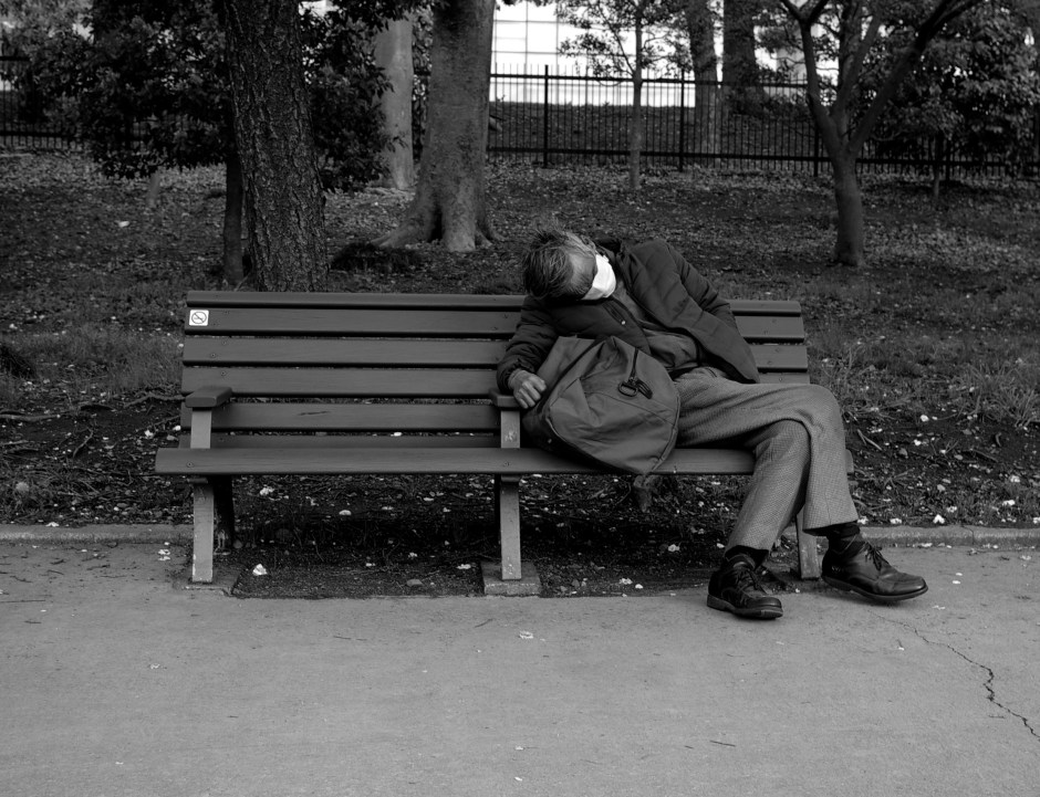 An old man naps under the cherry trees near the Kokyo Gaien National Garden