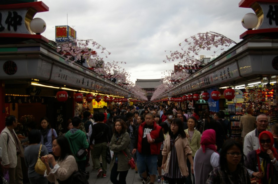 Shoppers crowd the popular souvenir market in Asakusa